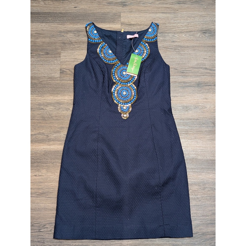 Lilly Pulitzer Gabby Shift Dress True Navy Blue Beaded V-Neck 23635‎ Size 4 NEW
